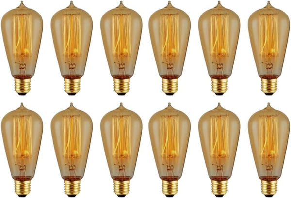 12-Pack Edison Light Bulb 40W - Vintage Squirrel Cage Filament Amber Glass