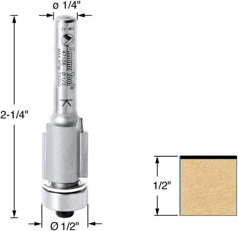 Amana Tool 47106 Carbide Tipped Flush Trim 1/2 Dia x 1/2 x 1/4" Shank