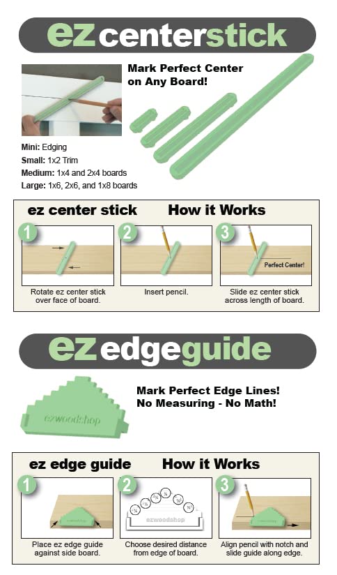 EZ Center Finder, Scriber Tool for Woodworking, 4-Piece Set with Bonus Edge Guide for Marking Exact Center