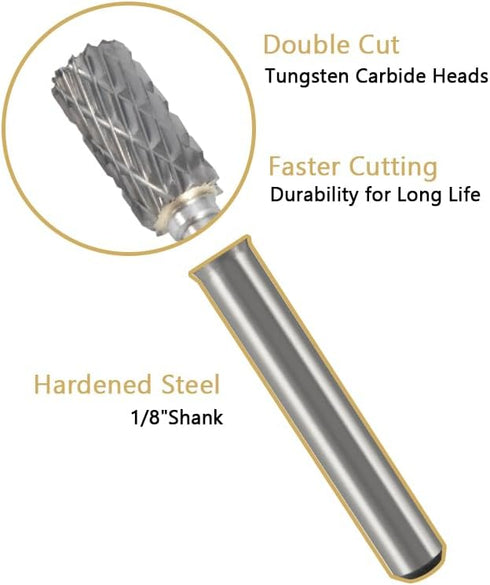 Carbide Burr Set 10PC 1/8" Shank Tungsten Double Cut Rotary Burr Set for Metal and Wood Carving, Grinding, Polishing