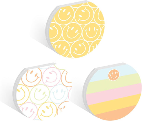 Gotcha Covered Smiley Face Sticky Note Pad Assortment - Set of 3 Round Flat Top Happy Note Pads, 3.5" Retro Rainbow, 50