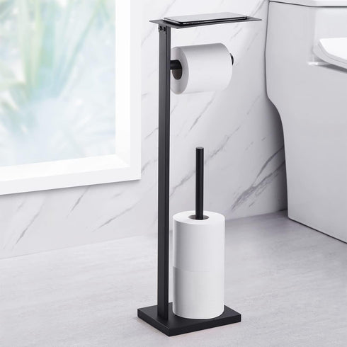 304 Miyili Matte Black Freestanding Toilet Paper Holder with Shelf, Premium SUS Stainless Steel Bathroom Storage