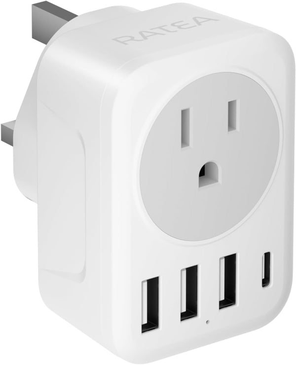 UK Ireland Travel Plug Adapter, RATEA Type G Power Adaptor with 3 USB-A, 1 USB-C Outlet Charger for US to UK