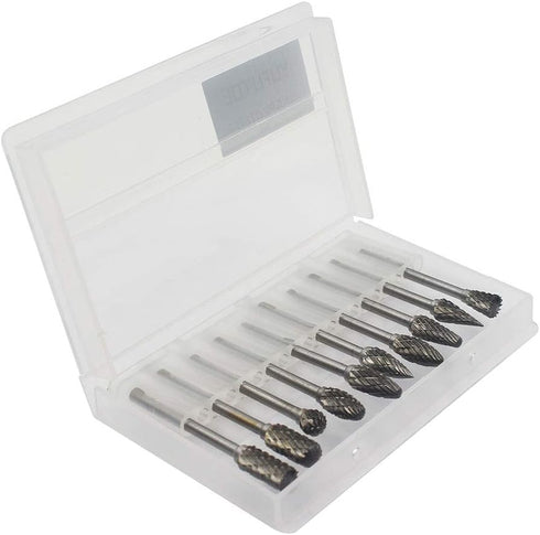 Carbide Burr Set - 10pcs Double Cut Solid Carbide Rotary Burrs, 3mm Shank for Woodworking and Metal Carving