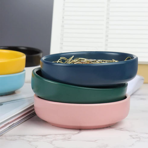 MEI YI TIAN Small Ceramic Paperclip Holder for Desk, Round Macaron Navy Blue Paper Clip Dispenser, Cute Storage Plate