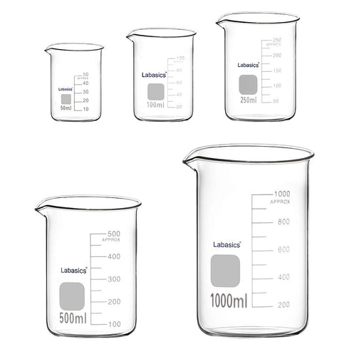 Glass Beaker Set, Borosilicate Graduated Low Form Griffin Beakers, 5 Sizes, Combo Pack
