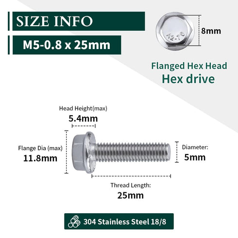 M5-0.8 x 25mm Hex Flange Bolt, DIN6921, 30-Pack, 304 Stainless Steel, Serrated Locking Flange, 1" Thread Length