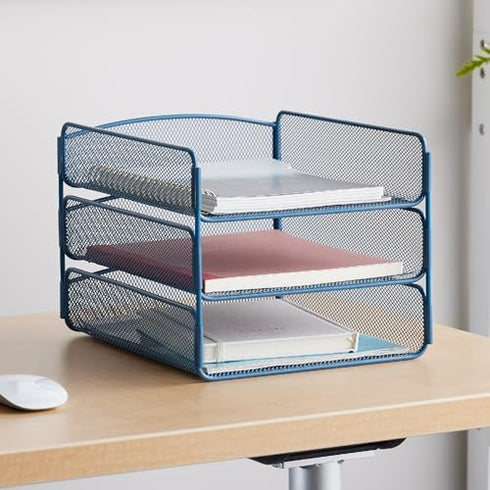 Safco Products Onyx Mesh 3 Tray Desktop Organizer 3271BU, Durable Steel Mesh Construction with Blue Powder Coat Finish