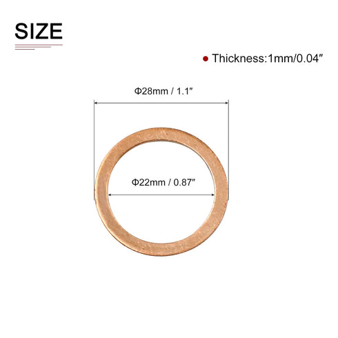 22mmx28mmx1mm Flat Copper Sealing Washers - 20Pack for Industrial Machinery M22 Screws, Copper Flat Ring Gaskets.