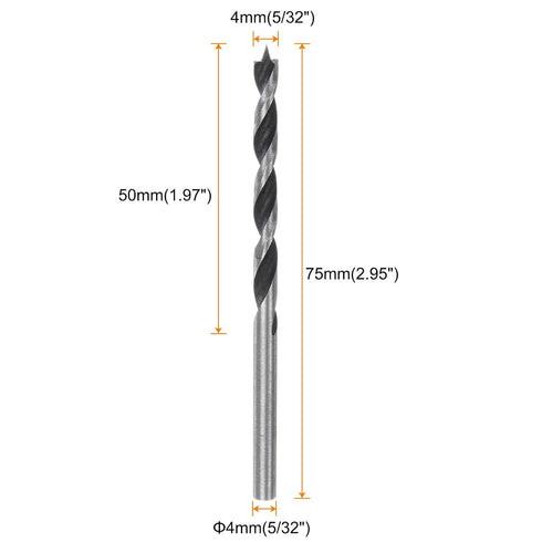5pcs Brad Point Drill Bits 4mm (5/32'') Dia Straight Round Shank Metric Brad Point Spiral Twist Drill Bits for Softwood Hardwood Plywood Plastic Rubber, Silver Tone