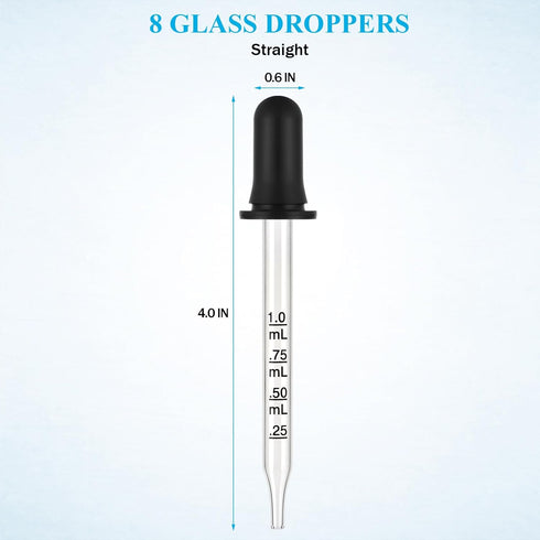 8 Pack Glass Ear and Eye Medicine Dropper, 1ml Pipettes Dropper for Essential Oils, Medicine, Skincare, Lab, Health Care, Measuring and Transferring a Variety of Liquids, Herain Droppers-Straight Tips