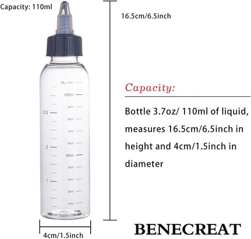 BENECREAT 12 Pack 110ml Transparent Plastic Dispensing Bottle with Twist Cap and Graduated Measurement for Liquids, Inks, Oils, Arts and Crafts by BENECREAT