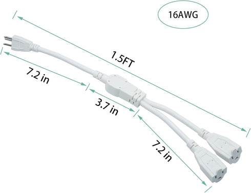 3 Prong Extension Cord Splitter, Indoor Outdoor 1.5 FT Power Cord Splitter 1 to 2, White