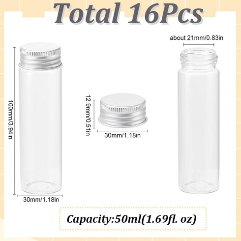 SUNNYCLUE 16Pcs Tiny Glass Storage Jars 50ml Flat Bottomed Test Tube with Aluminum Screw Caps Clear Glass Vial Mini Glass Jars Transparent Glass Test Tubes for Liquid DIY Crafts Party Favors Beads by SUNNYCLUE