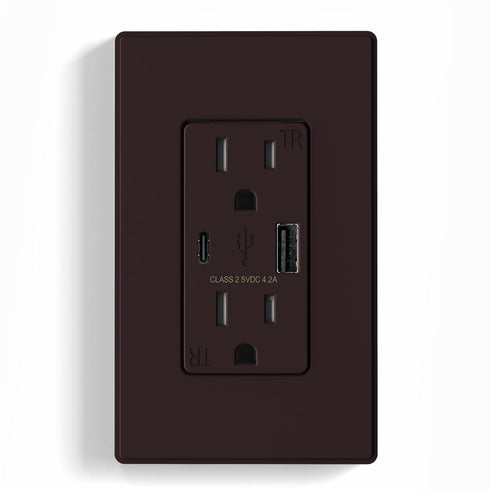 ELEGRP USB Charger Wall Outlet, USB Receptacle with USB A & USB C Ports, 15 Amp Duplex, Matte Brown
