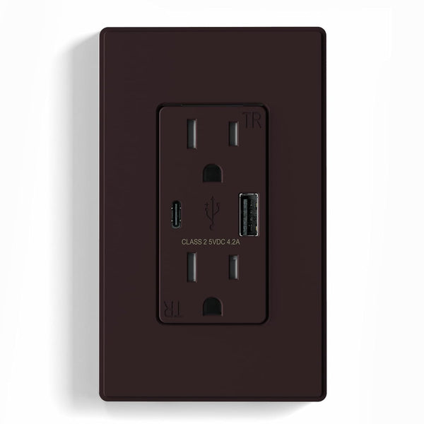 ELEGRP USB Charger Wall Outlet, USB Receptacle with USB A & USB C Ports, 15 Amp Duplex, Matte Brown