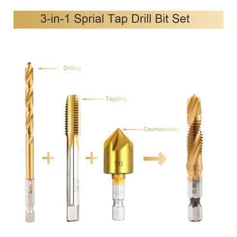 Titanium Combination Drill and Tap Bits Set, 6 PC Metric Screw Taps, 3-in-1 Bit Tool for Drilling, Tapping, and
