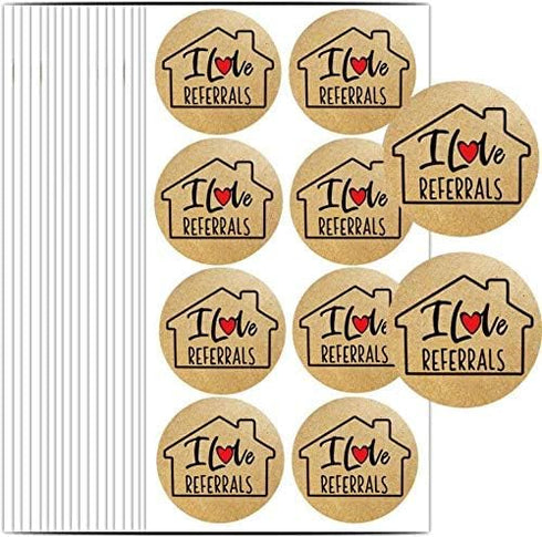 House Shaped I Love Referrals Sticker, 1.5" - Natural Brown Kraft Real Estate Agents Supplies, 504 Round Labels