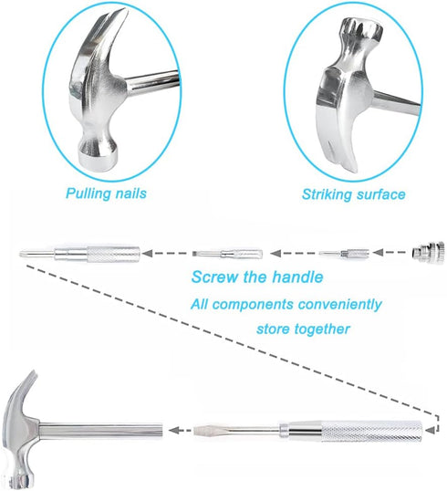 6 in 1 Multifunctional Tool Set with Slotted/Flat Head Phillips Screwdriver and Nut Drivers Garden Tool Nail Puller Hammer Best Gift for Birthday Valentine's Day SILVER by HomeClean