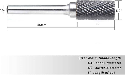SA-5 Tungsten Carbide Burr Cylinder Shape Double Cut Rotary Burr File, 1/2” Cutter Dia X 1” Cutter Length, Pack of 1