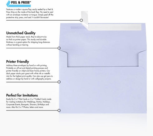 LUXPAPER A7 Invitation Envelopes - Printable for 5 x 7 Cards - 80 lb. Lilac - 50 Pack - 5 1/4 x 7 1/4
