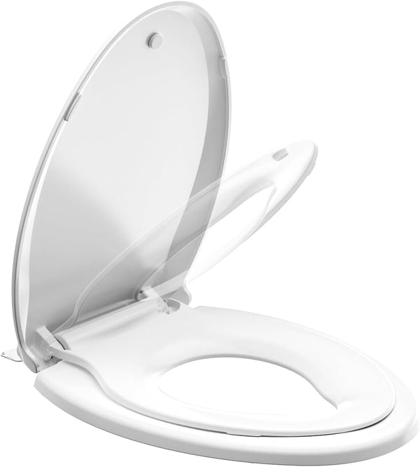 JINGZE Elongated Toilet Seat Adult/Child,Built-In Potty Training Seat, Soft Quiet Close Non-Slip Seat,