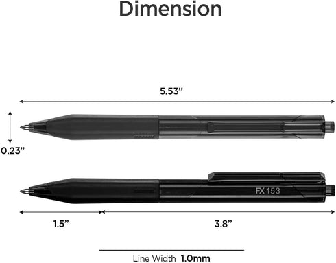 MONAMI FX 153 Retractable Ballpoint Pen, Medium Point (1.0mm), Smudge-Free Ultra Smooth F5 Ink, Black, 12-Count
