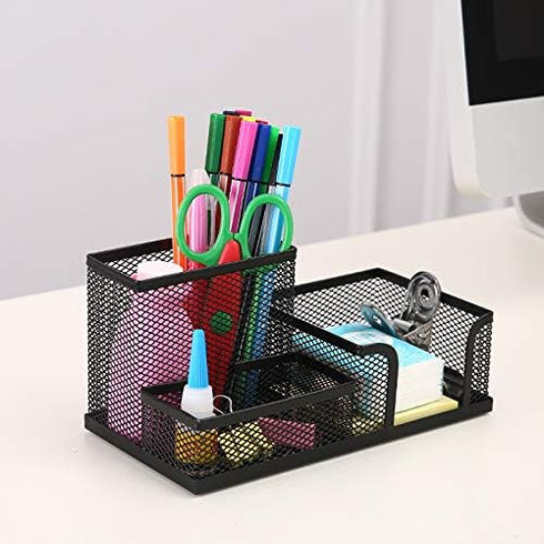 Metal Mesh Black Office Accessory Desk Organizer Tray Holder with 3 Compartments for Pens, Pencils by Generic