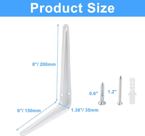 Hordion 12 Pack 8 Inch, (8" 6") White Shelf Brackets Heavy Duty L Bracket Right Angle Bracket Wall Mount Corner Brace