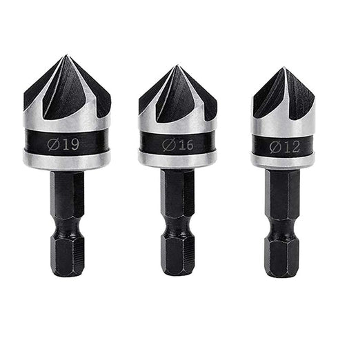 3Pcs Countersink Drill Bits - 90 Degree Chamfering Drill Bit Set with 1/4'' Hex Shank for Woodworking, Carbon Steel