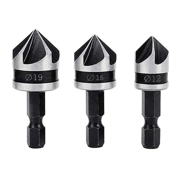 3Pcs Countersink Drill Bits - 90 Degree Chamfering Drill Bit Set with 1/4'' Hex Shank for Woodworking, Carbon Steel