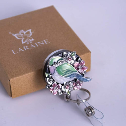 Laraine Retractable Badge Reel Holder, Metal Clip ID Card & Key Holders, Rhinestones Pearl Bird Shape 1.7”
