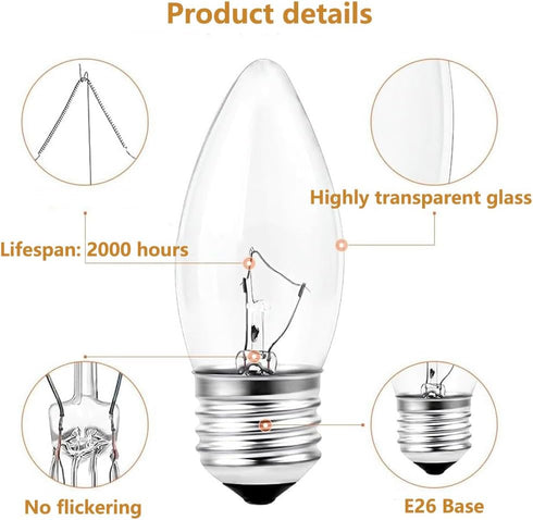 YKCGG 8 Pack 40W Bulbs Bulb E26 Incandescent Equivalent Energy Torpedo Tip Chandelier with Crystal Clear Incandescent