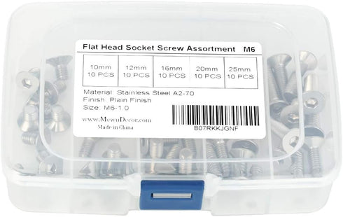 M6-1.0 Flat Head Socket Cap Screws, 10/12/16/20/25mm, Allen Socket Drive, Stainless Steel 18-8 (304), 50 PCS, DIN 7991