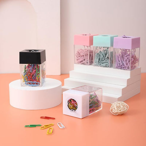 Pink Paper Clip Dispenser Holder, Clear Acrylic Organizer with Top for Cute Office and School Supplies