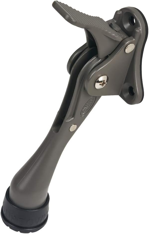 One-Touch Metal Door Stopper - Semi-Automatic with Non-Slip Rubber Tip, Dark Grey