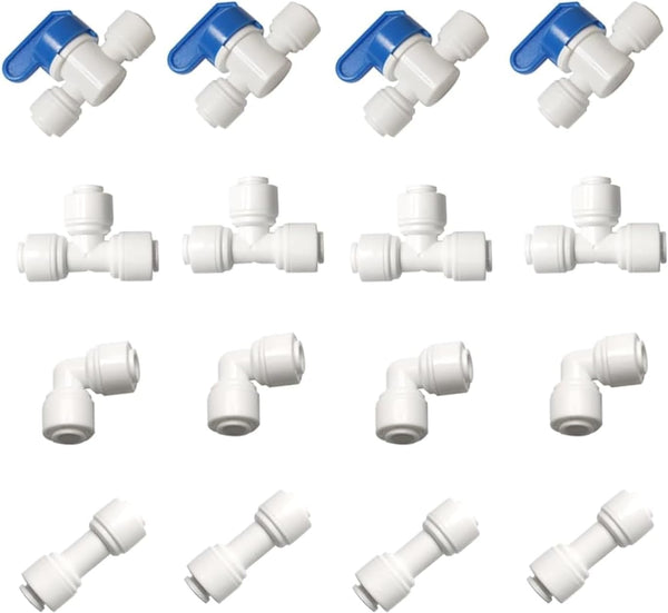Push to Connect Water Filtration Line Tube Pipe Fittings, 1/4" O.D. Tube Quick Connector, 16pcs