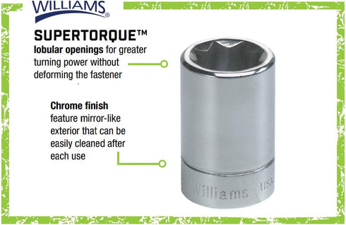 Williams JHWBD-816 SuperTorque 3/8-Inch Drive Shallow 8 Point 1/2-Inch Socket - Chrome Finish with Lobular Openings