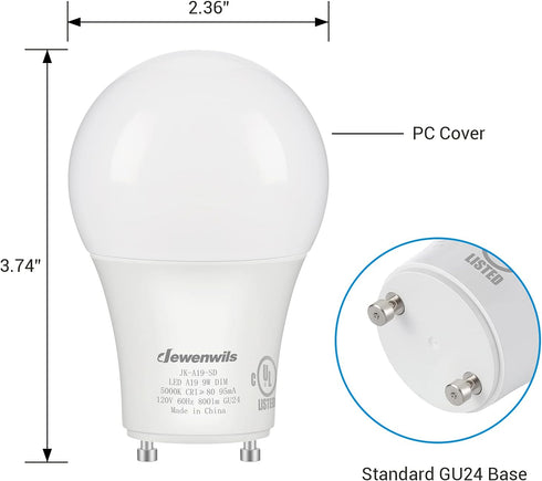 DEWENWILS GU24 LED Light Bulb, 60W Equivalent, 9W 800 Lumens, Dimmable, 5000K Daylight White, 4 Pack