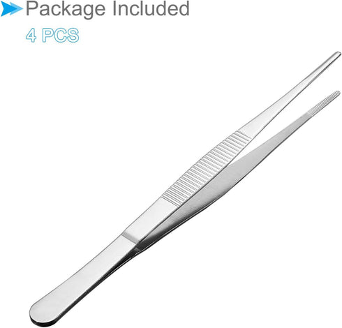 Tweezers, 200mm Length, Stainless Steel Straight Blunt Serrated Tip, 4-Pieces for Mechanical Equipment Product Repair
