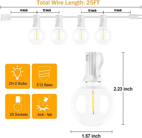 25Ft 27 Bulbs, LED String Lights with Shatterproof LED Clear Globe Indoor&Outdoor String Lights for Patio, Garden