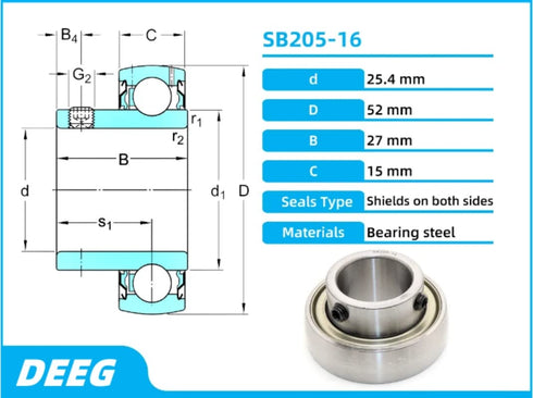 DEEG 1" Insert Ball Bearing with Set Screws, Used in Wood Chipper, Snowblower, ATV's