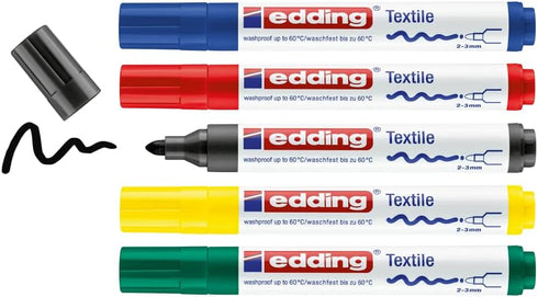 edding 4500 Textile Marker Set, 5 pc, Black, Red, Blue, Green, Yellow, Permanent Fabric Markers
