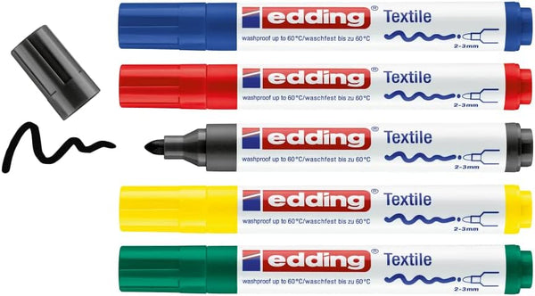 edding 4500 Textile Marker Set, 5 pc, Black, Red, Blue, Green, Yellow, Permanent Fabric Markers