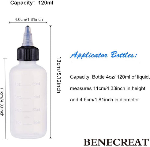 BENECREAT 12 Pack 4 Ounce Plastic Squeeze Bottles with Black Twist Cap and Measurement, Open/Close Nozzle for Crafts