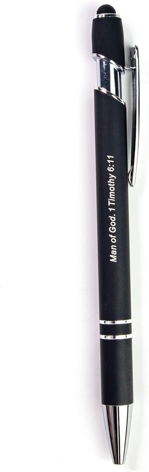 Man of God Gift, Bible Verse Pen with Bookmark - 1 Timothy 6:11 - Inspirational Bible Pens for Devotion - Christian Pens for Men with Stylus - Christian Gifts for Men & Women