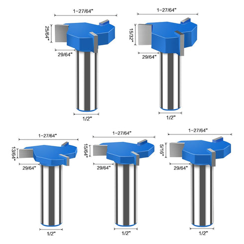 JGZUI 5Pcs Set,1/2" 13/64", 15/64", 5/16", 25/64", 15/32", Three-Blade Slot Cutter Router Bit, ''T'' Type Slotting Bit