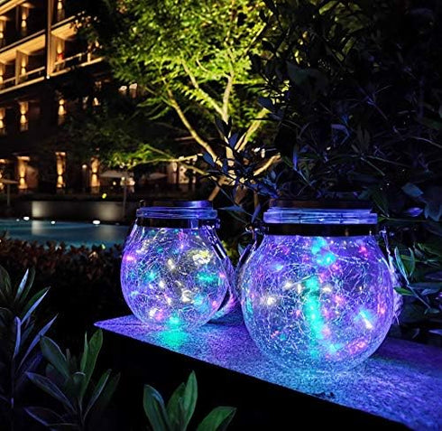 KIMI HOUSE 2 Pack Hanging Solar Powered LED Lights,Cracked Glass Ball Light, Waterproof Outdoor