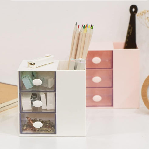 Multi-Functional Pen Holder, 5 Compartments Desk Organizer for School, Home Office, Art Supplies (White)