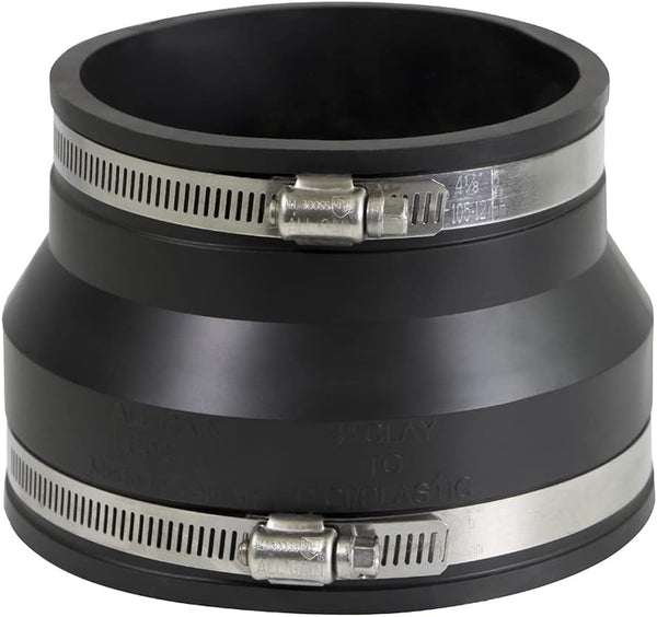 6I89 Flexible Rubber Coupling with Stainless Steel Clamps for 4" Cast Iron / PVC x 4" Clay